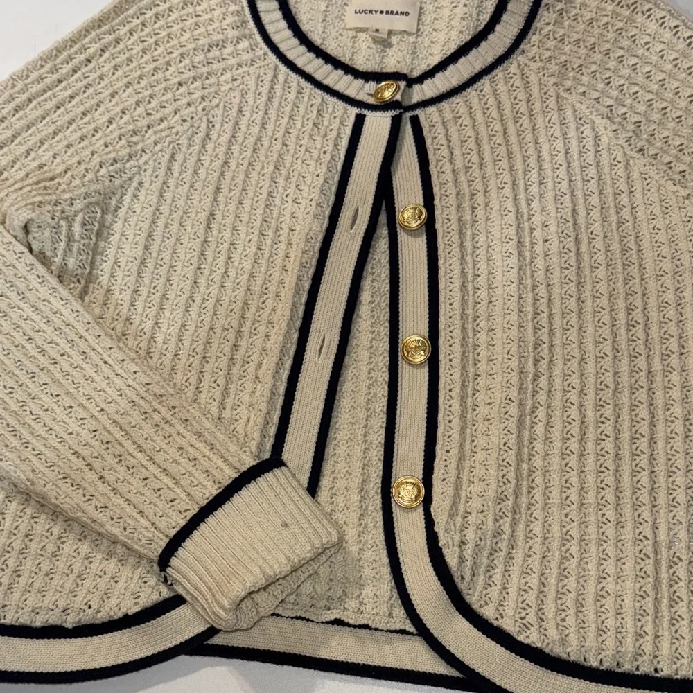 Lucky Brand Granny Cottage Core Cream Cardigan with Navy Trim and Gold Buttons - Picture 3 of 5